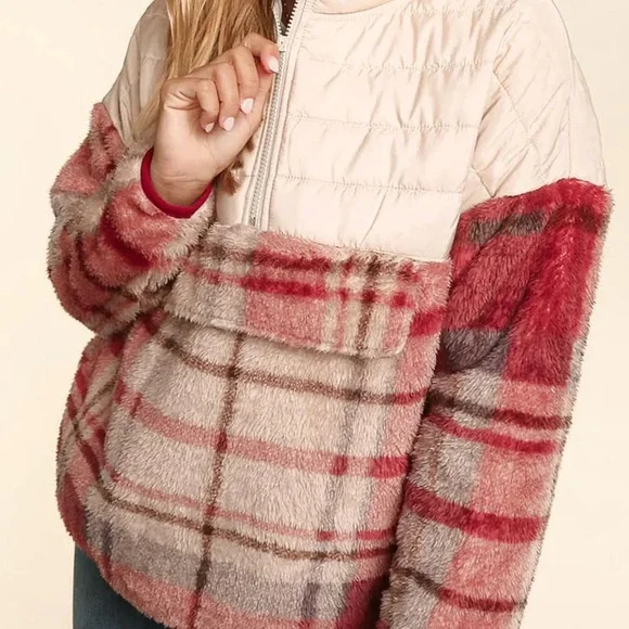 Taupe & Pink Half-Zip Plaid Hooded Sherpa Fleece & Puffer Winter Woman  Pullover - Picture 10 of 16